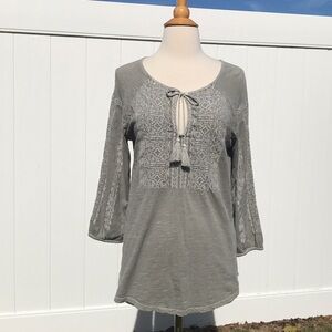 Lucky 🍀 Brand Heather Gray Long Sleeve 100% Cotton Embroidered Shirt Size Med